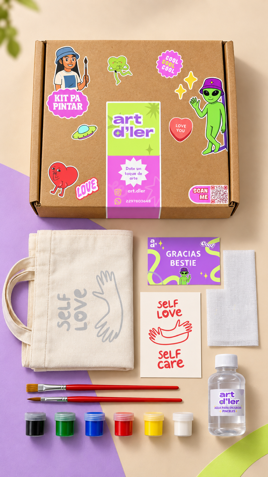 Kit Art D'ler con tote bag, pinturas, pinceles y empaque
