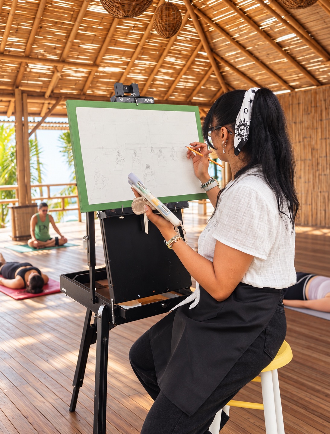 Artista dibujando una clase de yoga en vivo