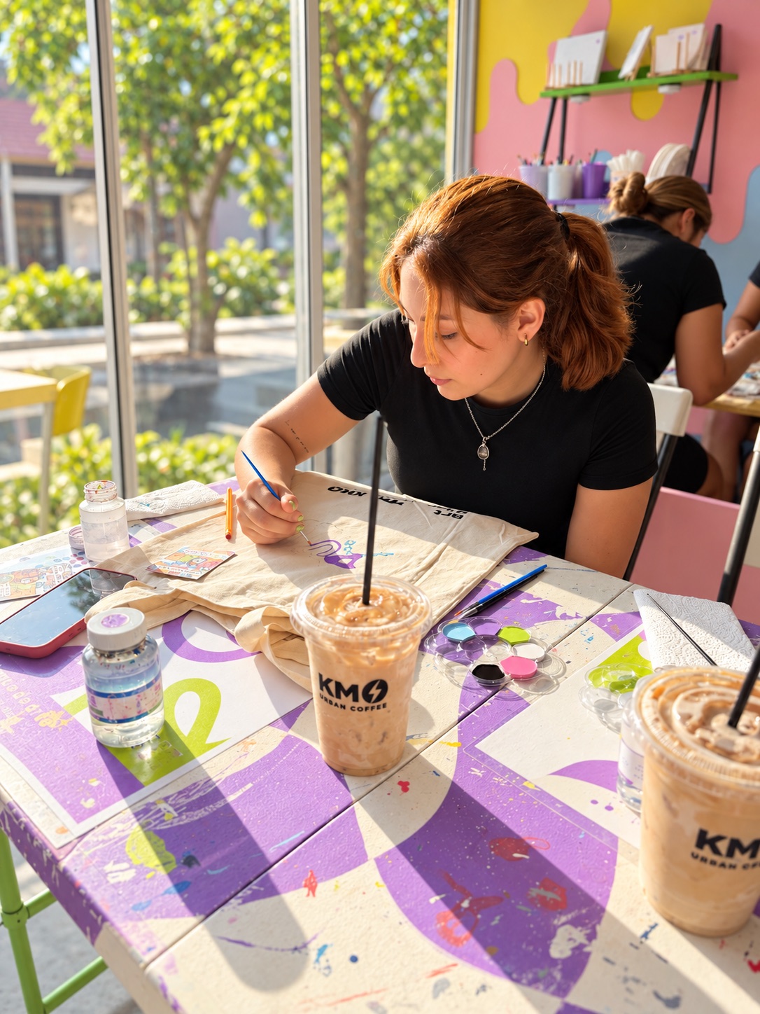 Joven pintando una tote bag en una mesa del estudio Art D'ler