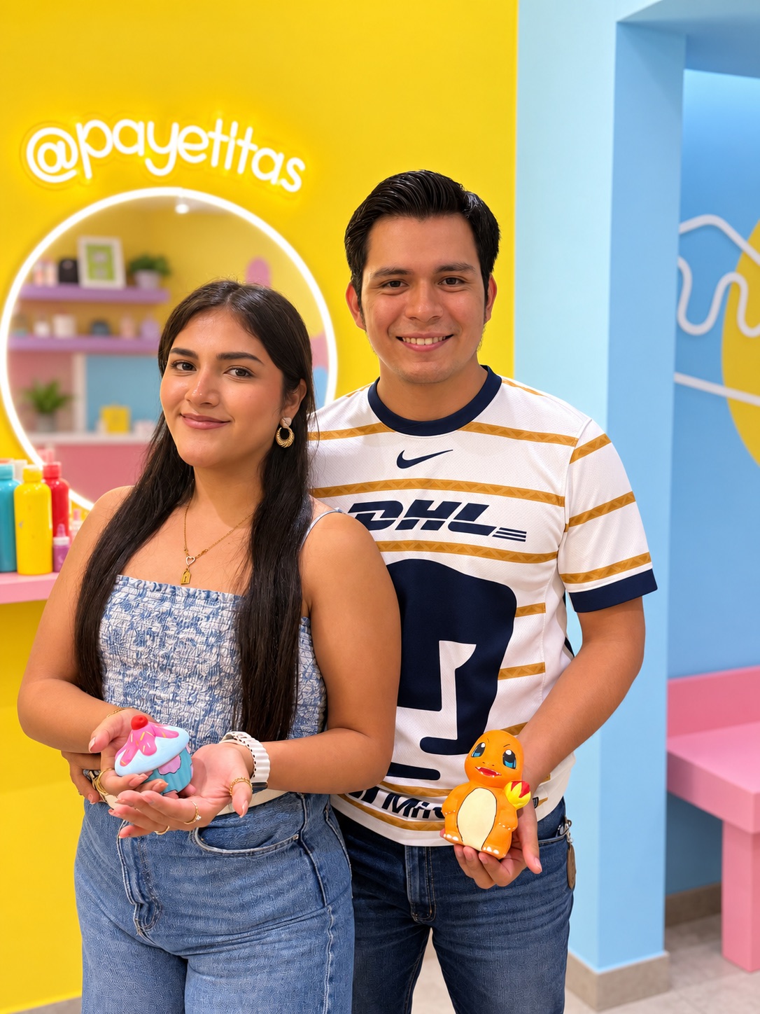 Pareja mostrando sus piezas pintadas durante una creative date